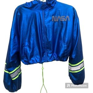 Blue metallic NASA long sleeve hooded crop top